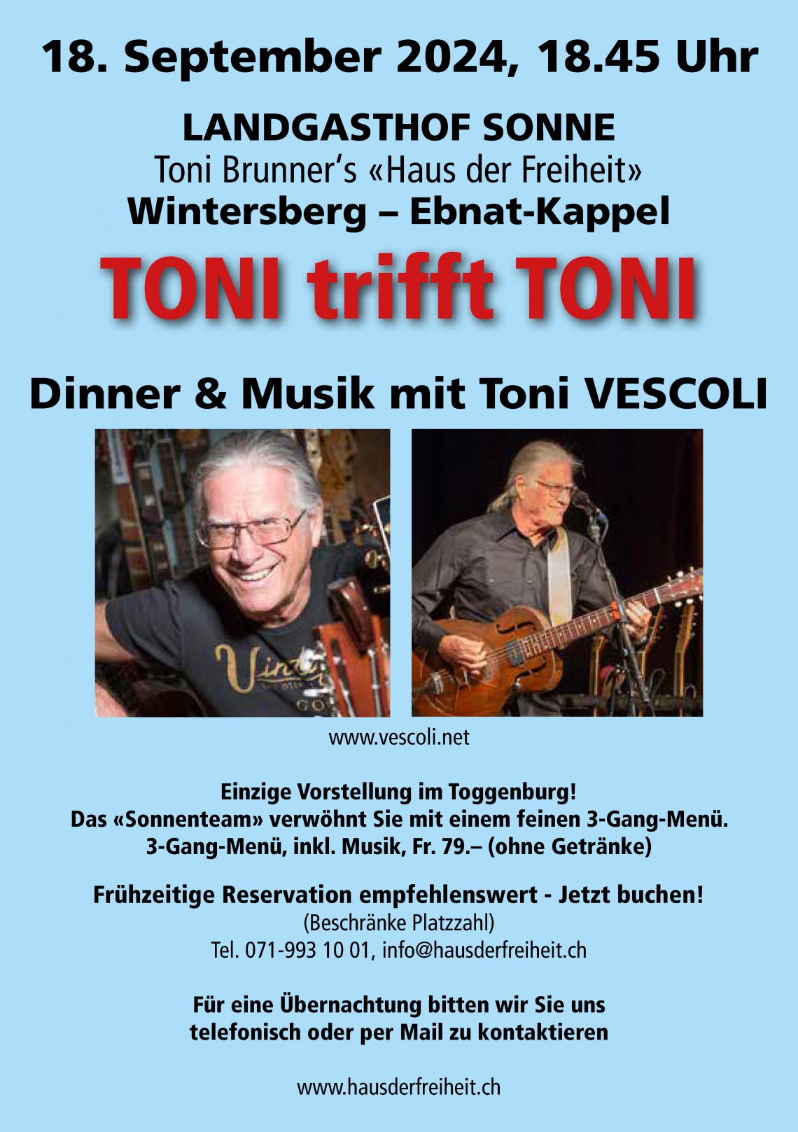 Dinner und Musik mit Toni Vescoli (Mittwoch, 18.09.2024 um  18.45 Uhr)