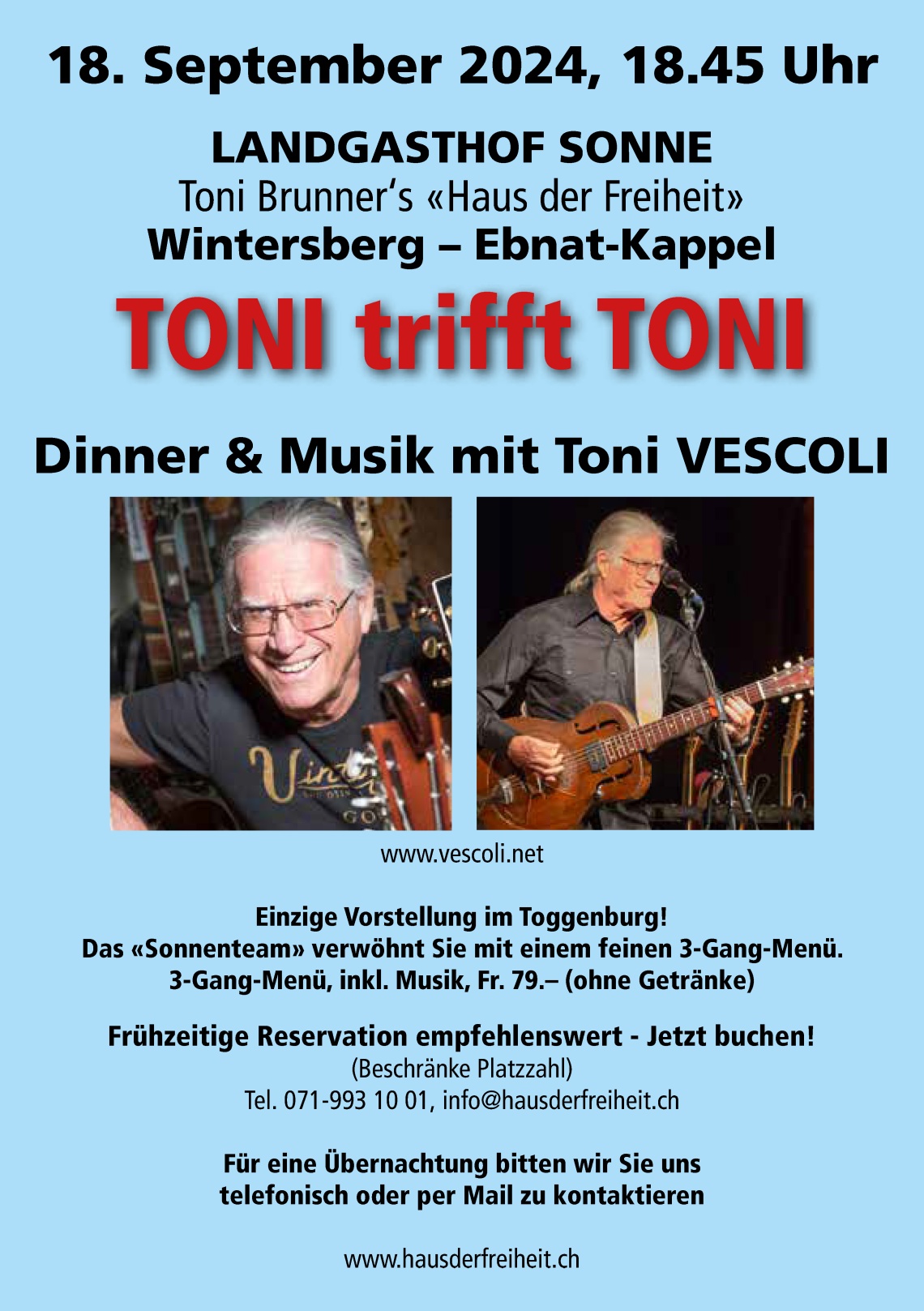 Dinner und Musik mit Toni Vescoli - ausverkauft  (Mittwoch, 18.09.2024 um  18.45 Uhr)